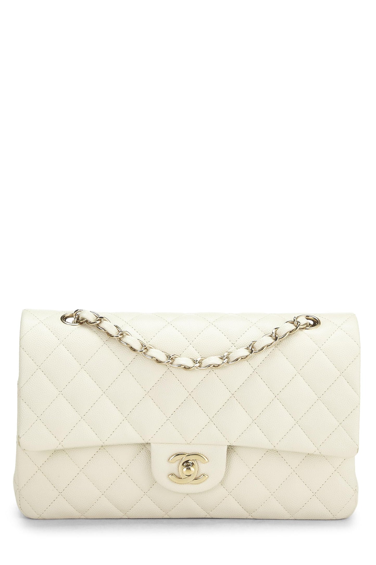 Chanel,  White Quilted Caviar Classic Double Flap Medium, White