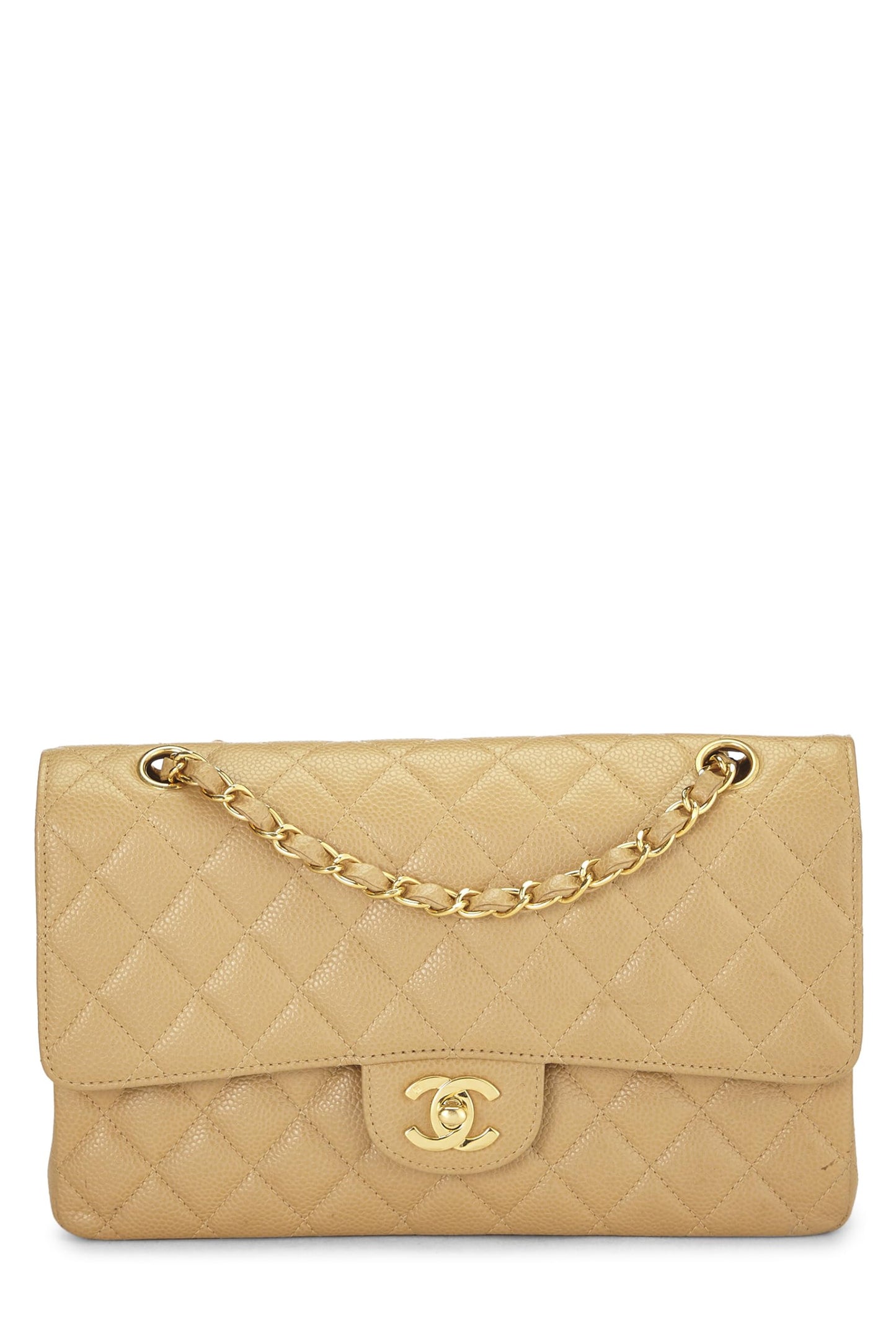 Chanel,  Beige Quilted Caviar Classic Double Flap Medium, Beige