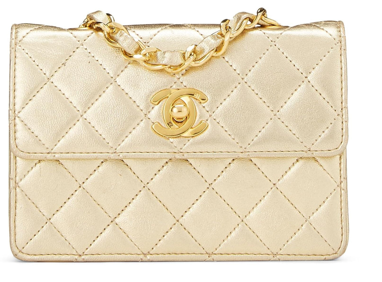 Chanel,  Metallic Gold Quilted Lambskin Half Flap Micro, Gold