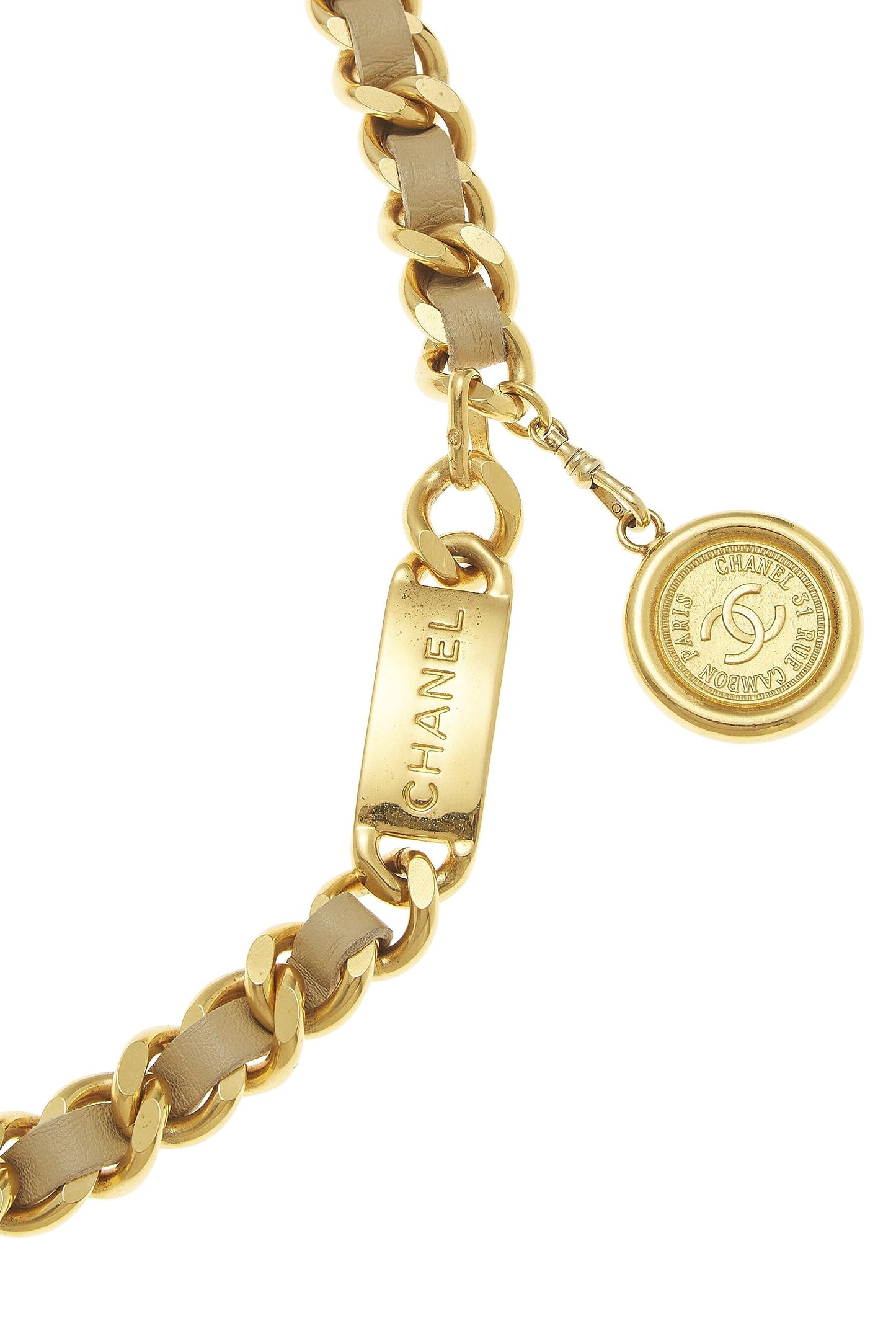 Chanel,  Gold & Beige Leather Chain Belt, Beige