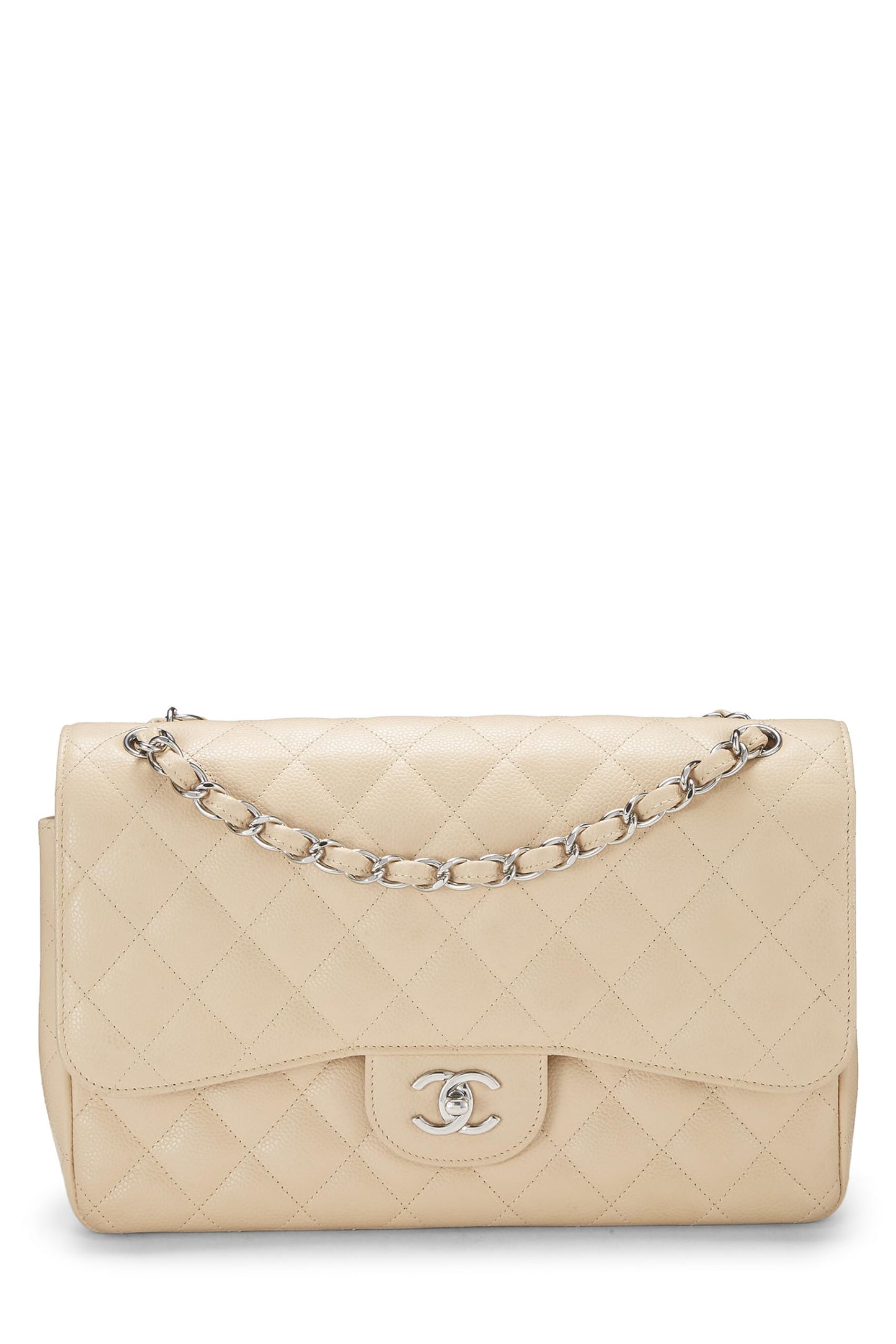 Chanel,  Beige Quilted Caviar New Classic Double Flap Jumbo, Beige