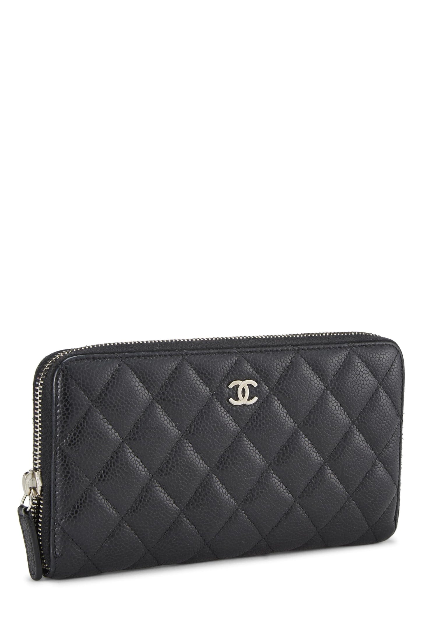 Chanel,  Black Quilted Caviar Zip Around Wallet, Black