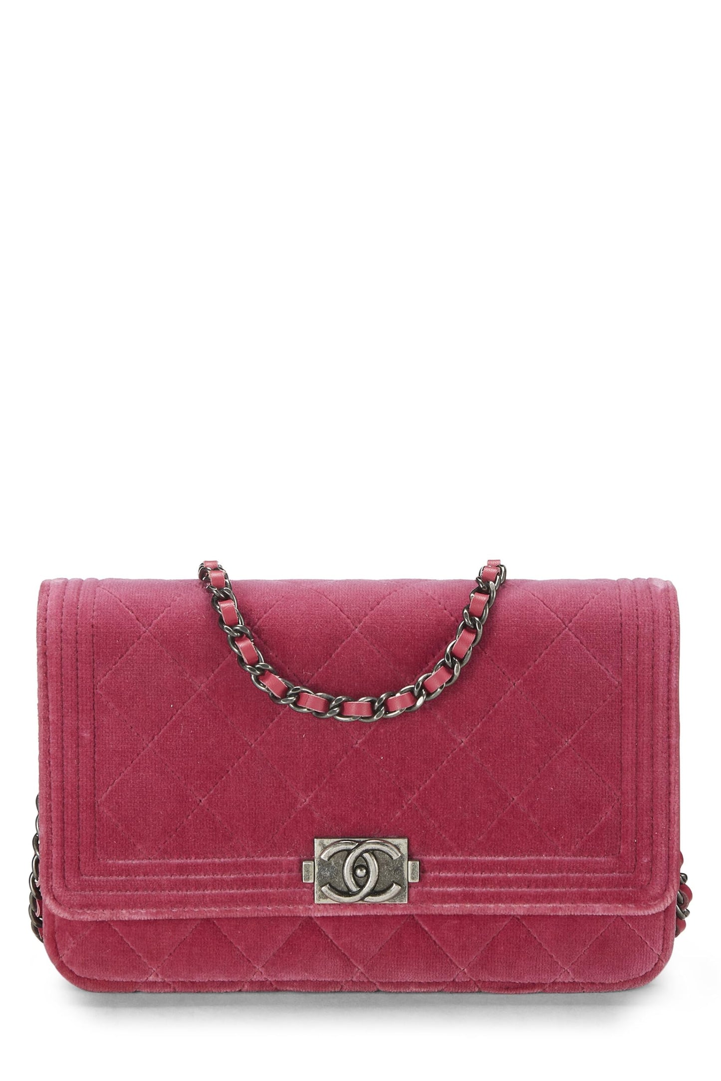 Chanel,  Pink Quilted Velvet Boy Wallet on Chain (WOC), Pink