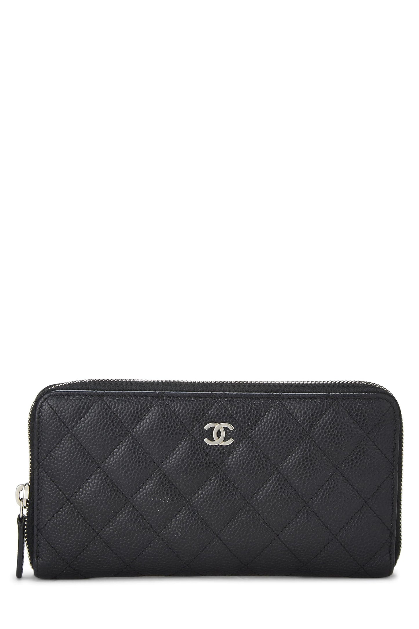 Chanel,  Black Quilted Caviar Zip Around Wallet, Black