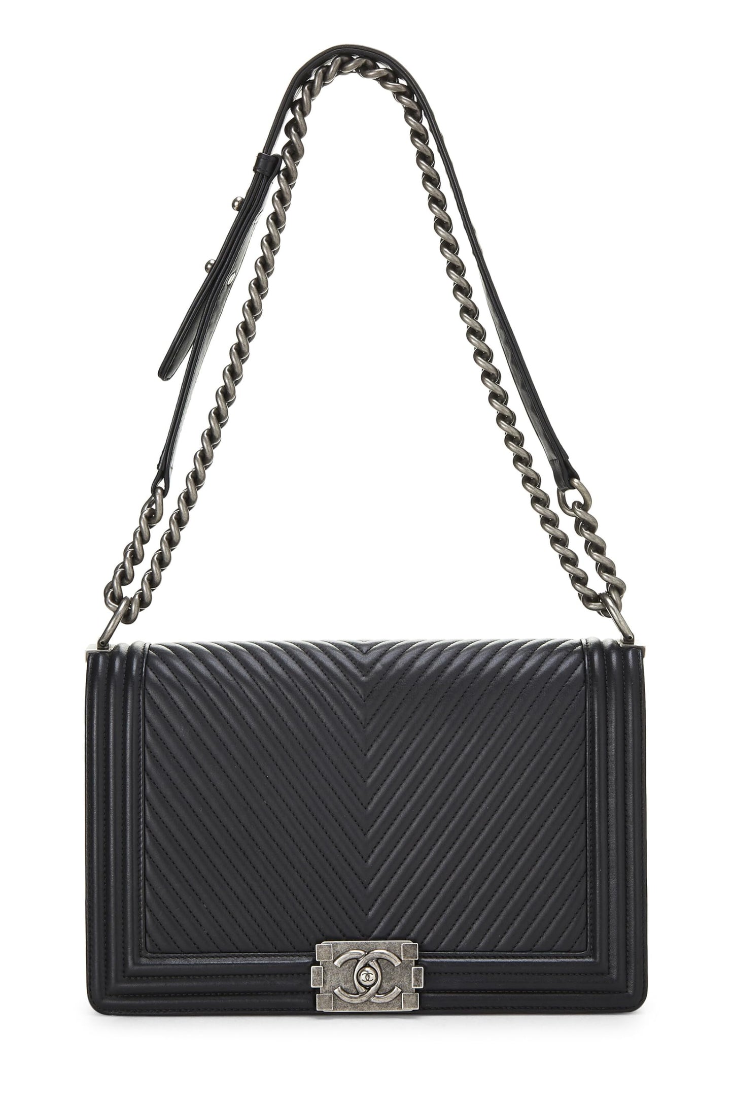 Chanel,  Black Chevron Calfskin Boy Bag Medium, Black