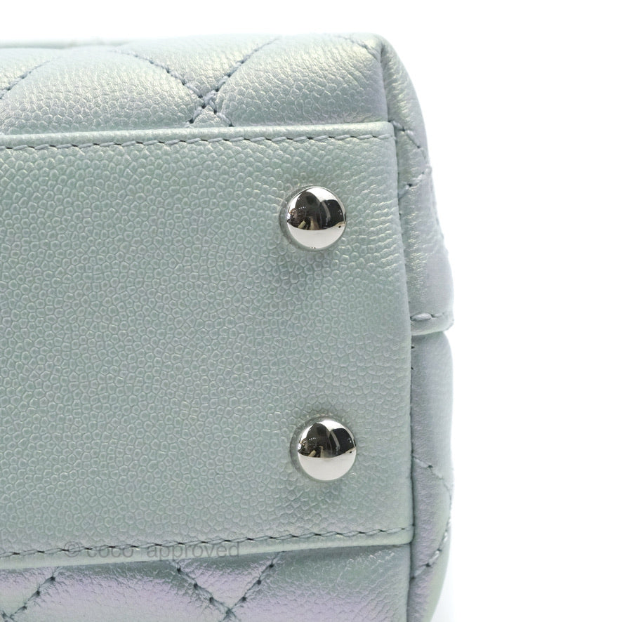 Chanel Small Coco Handle Quilted Iridescent Light Blue Caviar Rainbow Hardware