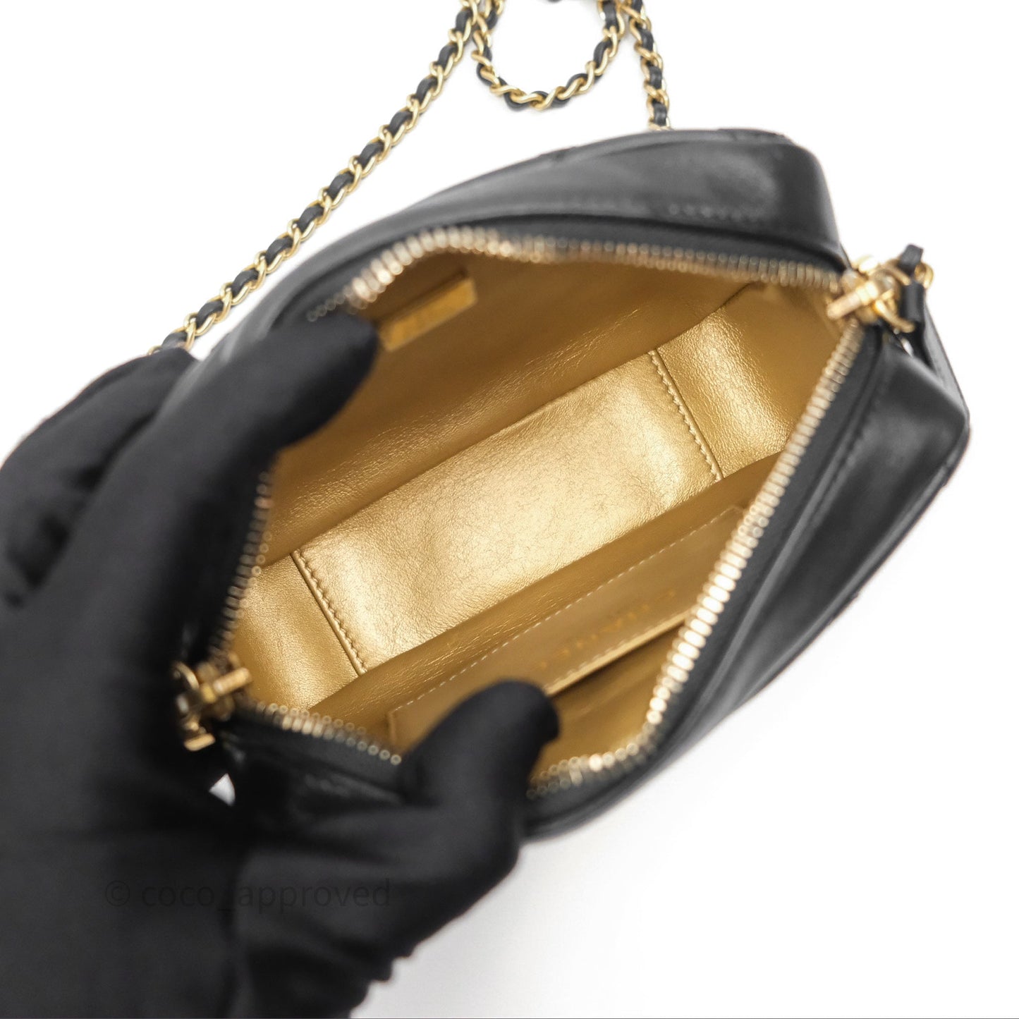 Chanel Quilted CC Pearl Crush Camera Case Black Lambskin Gold Hardware