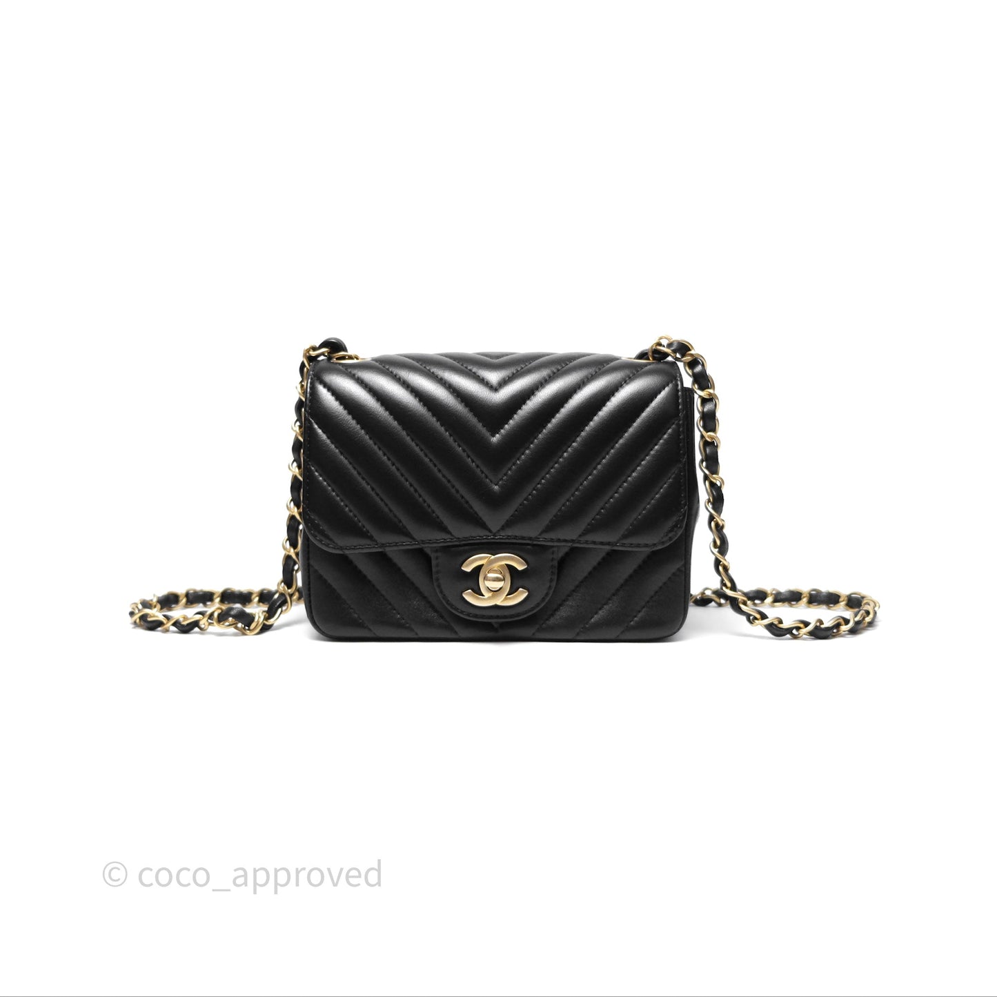 Chanel Mini Square Flap Chevron Black Lambskin Aged Gold Hardware