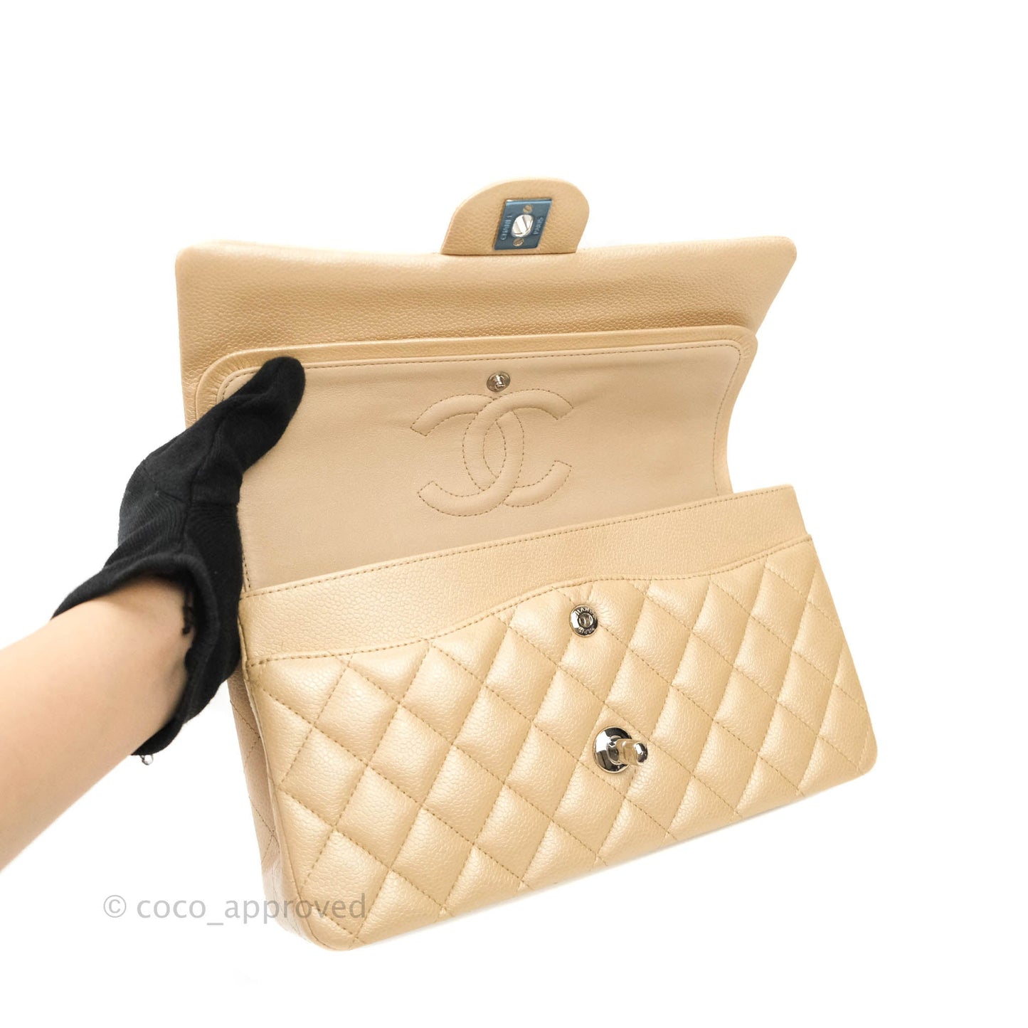 Chanel M/L Medium Double Flap Bag Iridescent Beige Caviar Silver Hardware