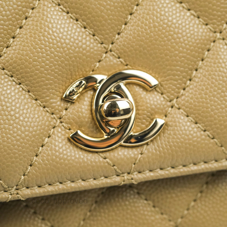 Chanel Small Coco Handle Quilted Dark Beige Caviar Gold Hardware Lizard Handle