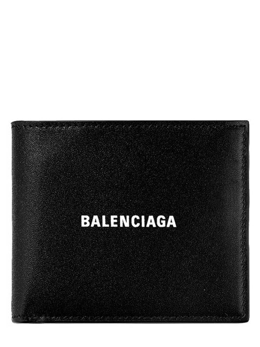 Luxury Balenciaga Logo Print Leather Half Wallet Black