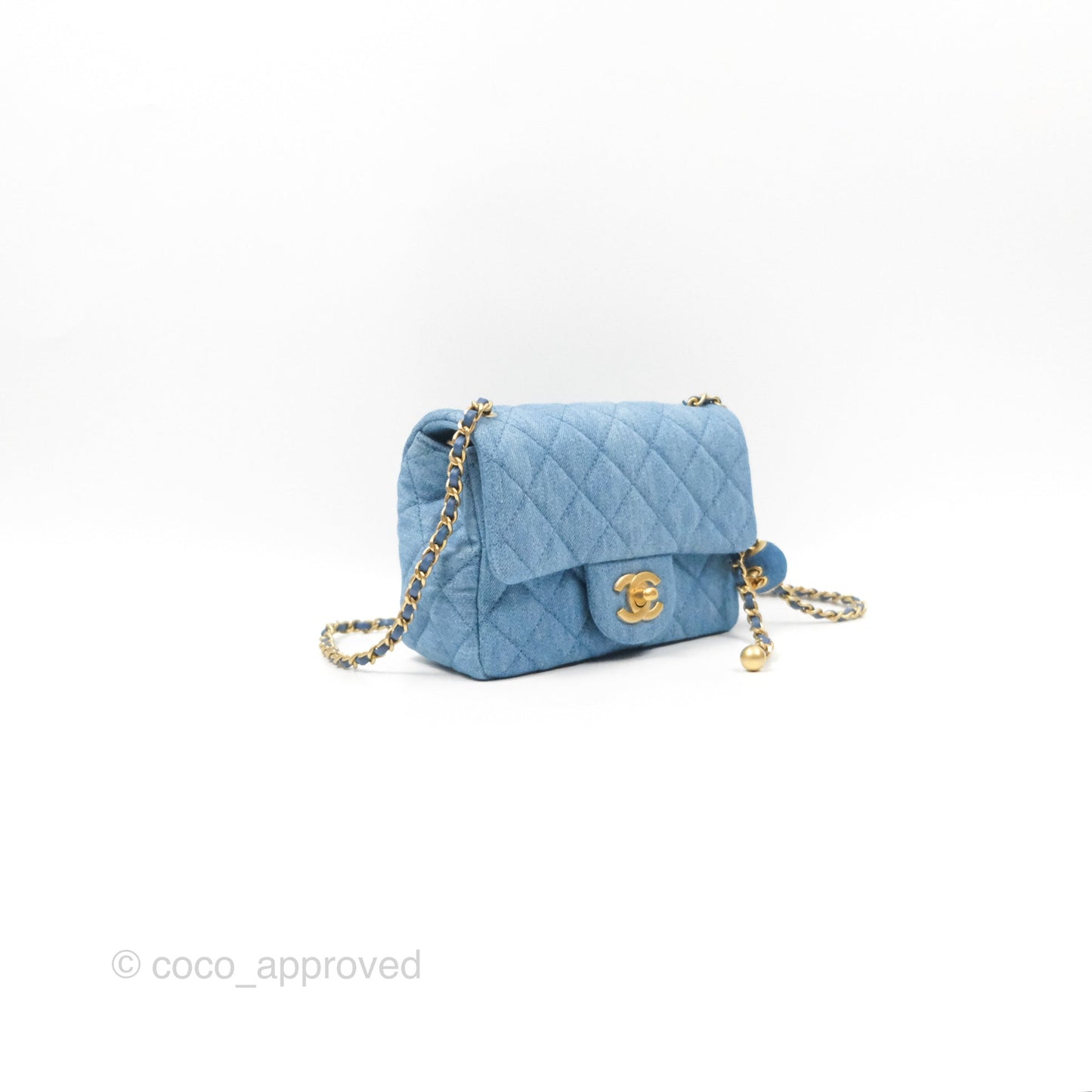 Chanel Mini Square Pearl Crush Quilted Denim Aged Gold Hardware