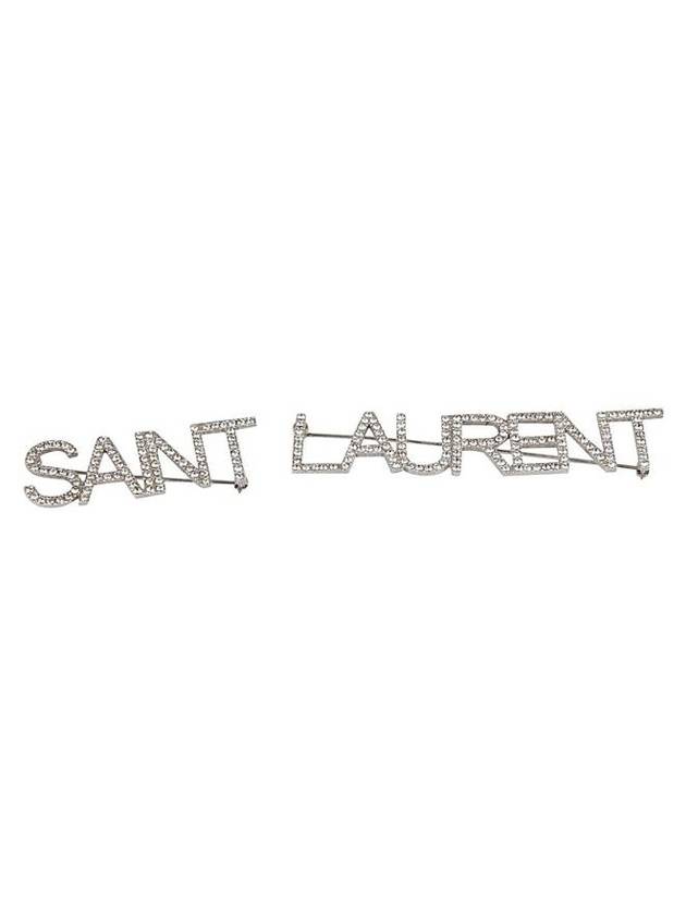 Luxury Saint Laurent Crystal Brass Pin Brooch Oxidized Silver