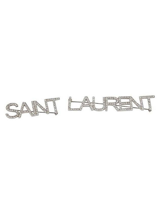 Luxury Saint Laurent Crystal Brass Pin Brooch Oxidized Silver