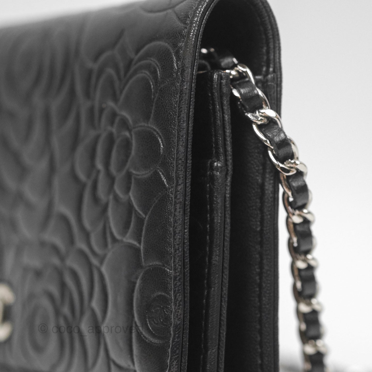 Chanel Camellia Embossed Wallet on Chain WOC Black Lambskin Silver Hardware