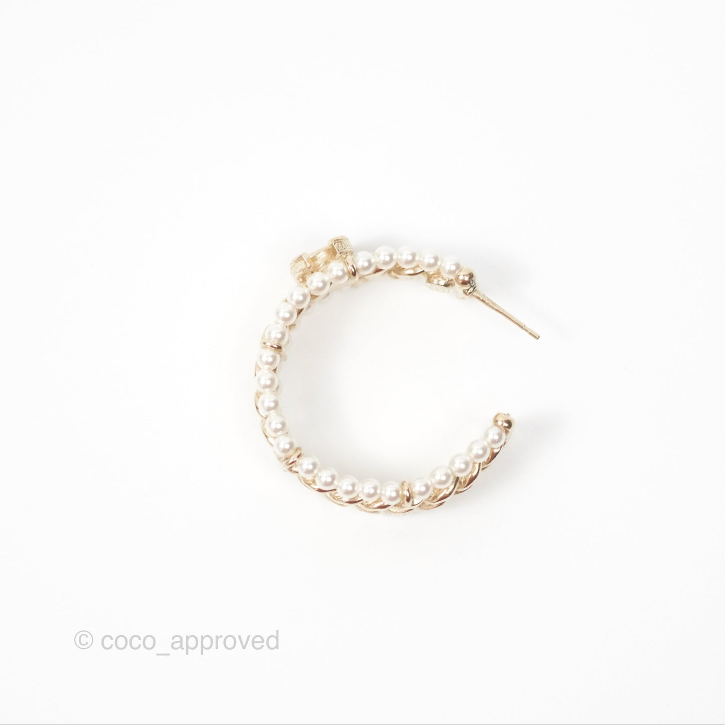 Chanel CC Pearl Hoop Earrings Gold Tone 20C