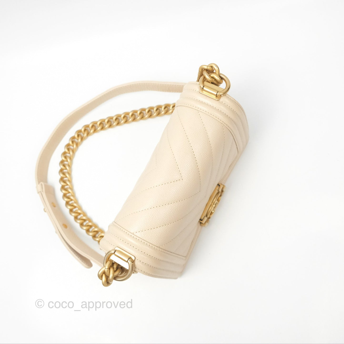 Chanel Chevron Small Boy Cream Ivory Caviar Aged Gold Hardware