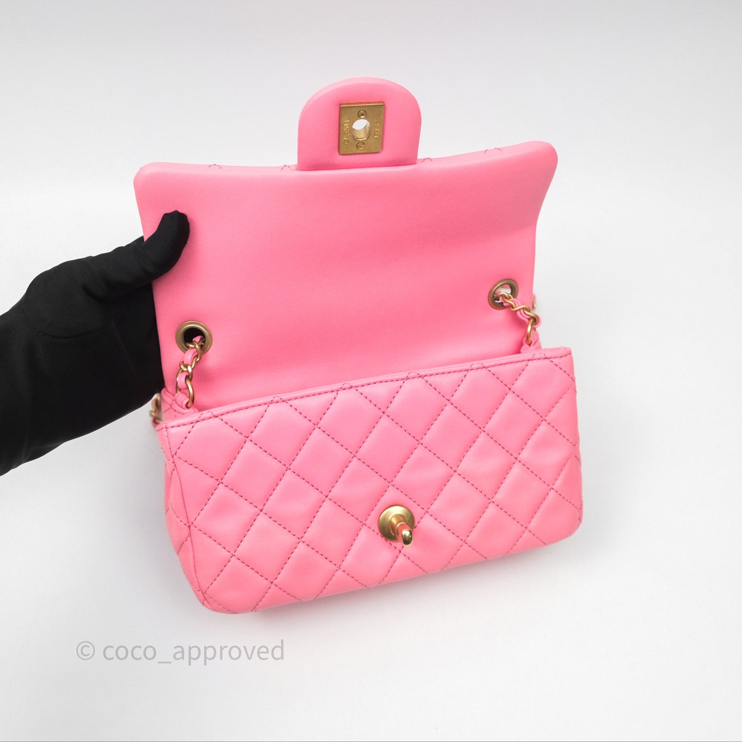 Chanel Mini Rectangular Pearl Crush Quilted Pink Lambskin Aged Gold Hardware