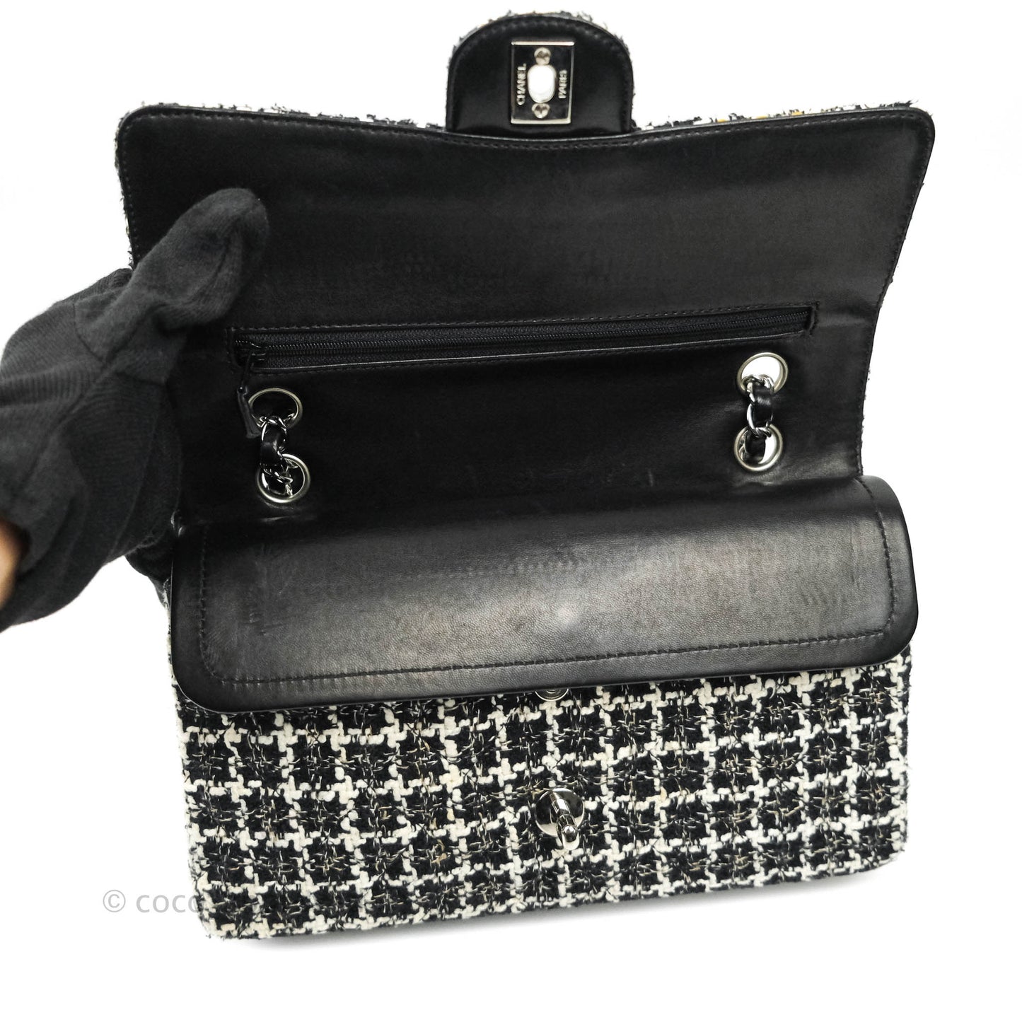 Chanel Classic M/L Medium Quilted Double Flap Bag Lambskin Tweed Black & White Silver Hardware