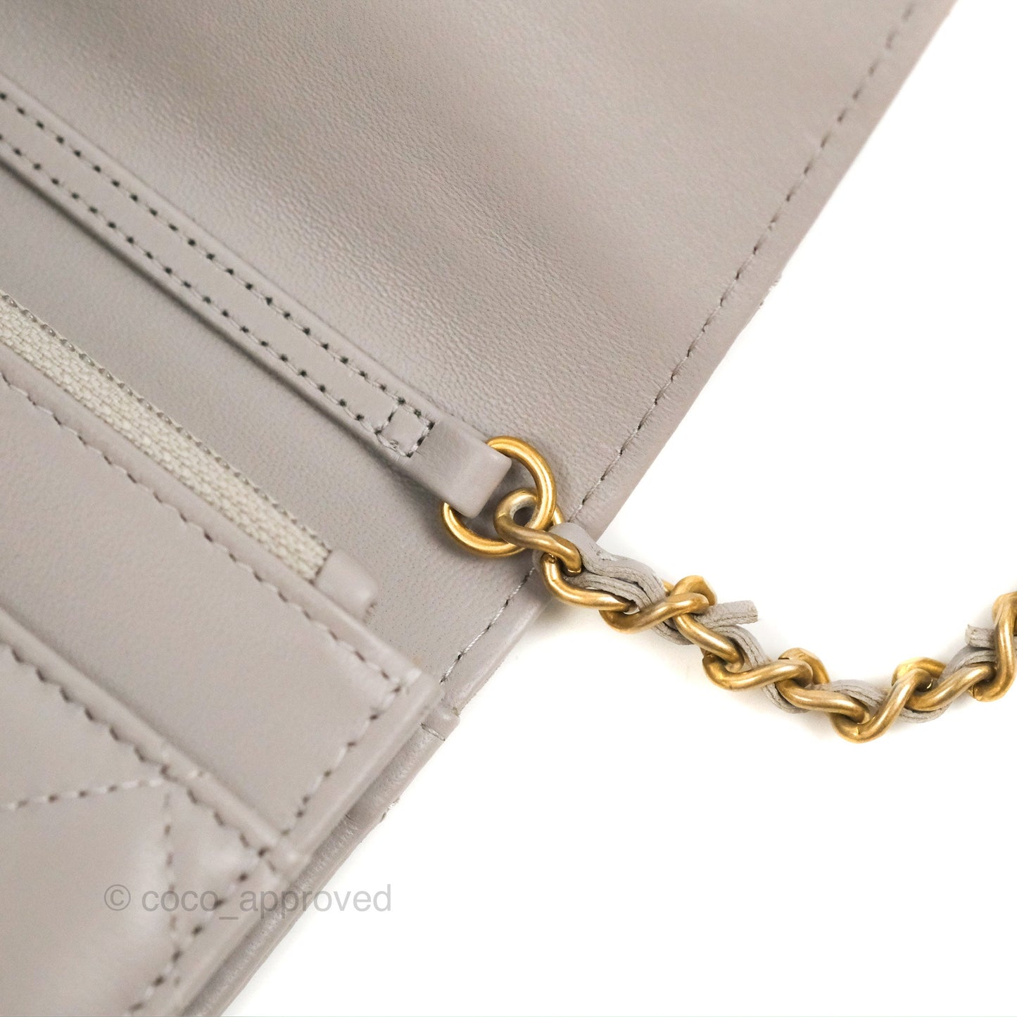 Chanel Quilted Pearl Crush Wallet on Chain WOC Light Grey Lambskin Aged Gold Hardware