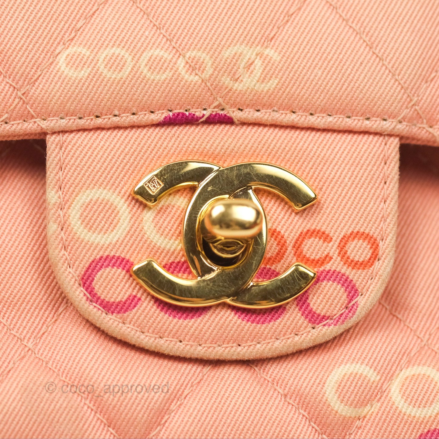 Chanel Coco Logo Medium Classic Flap Quilted Coral Pink Canvas Gold Hardware
