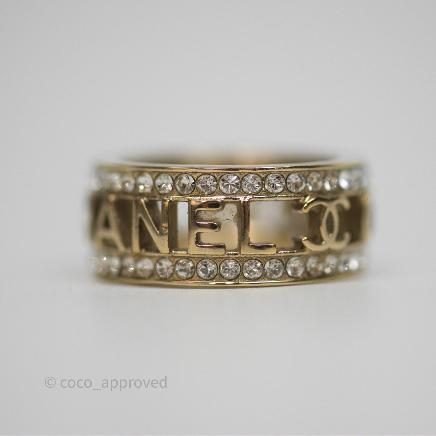 Chanel Crystal Logo Ring Gold Tone 20B