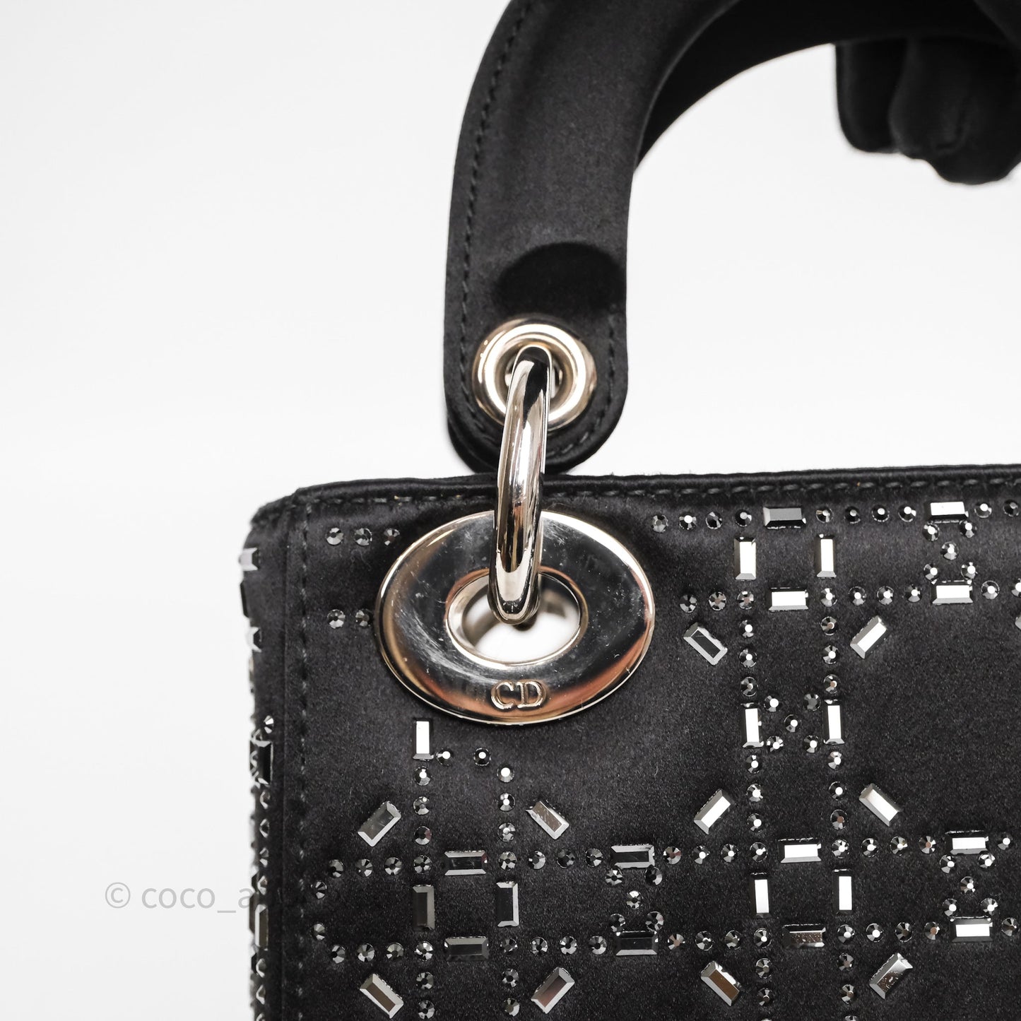Christian Dior Mini Lady Dior Bag Black Strass Cannage Satin Silver Hardware