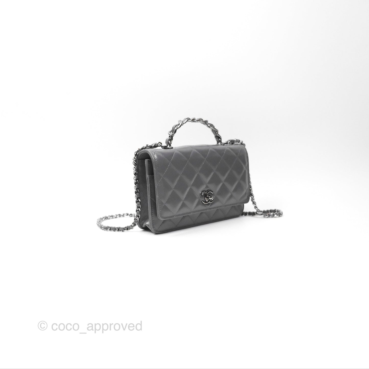 Chanel Top Handle Wallet On Chain WOC Dark Grey Calfskin Gun Metal 23K