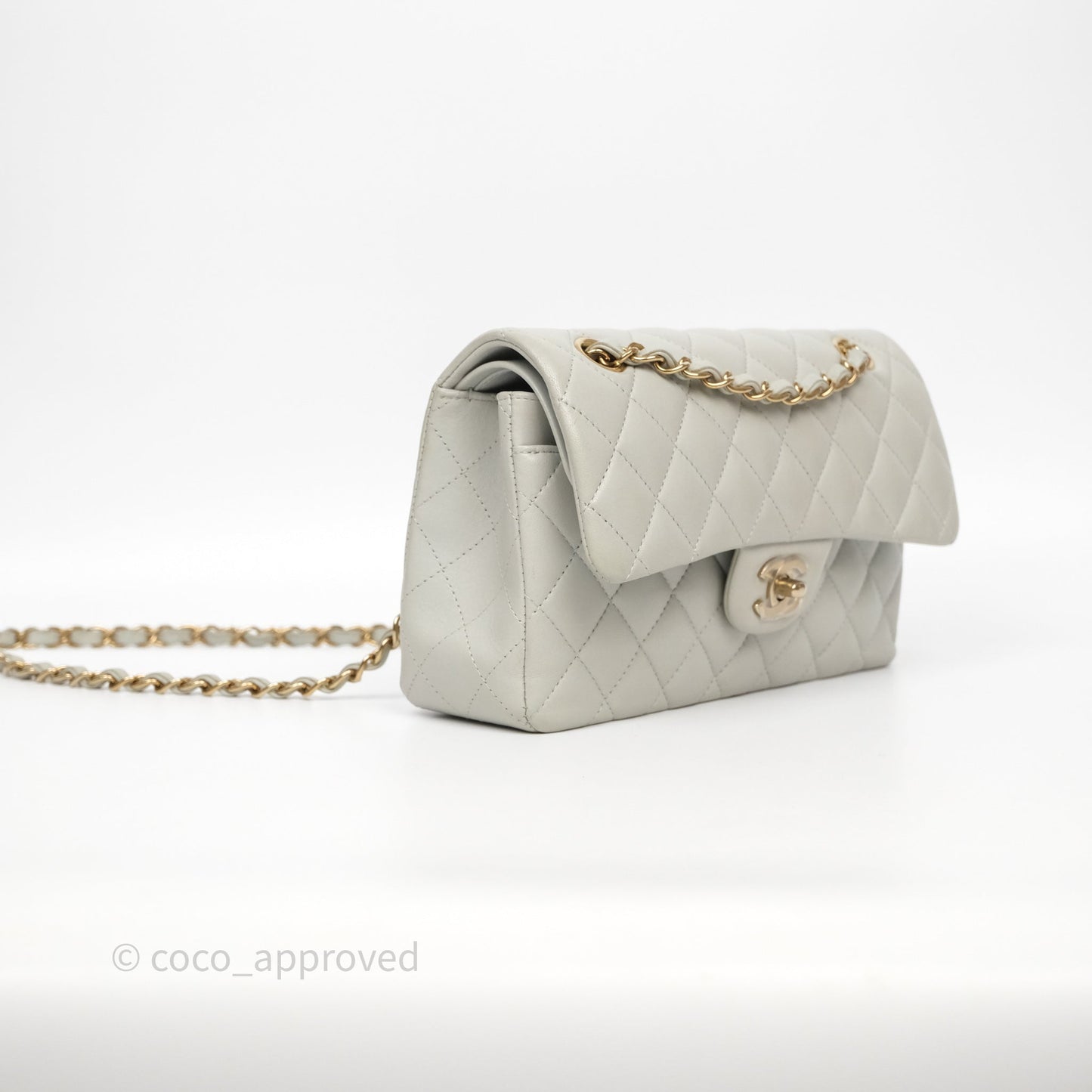 Chanel Small Classic Flap Quilted Grey Lambskin Gold Hardware
