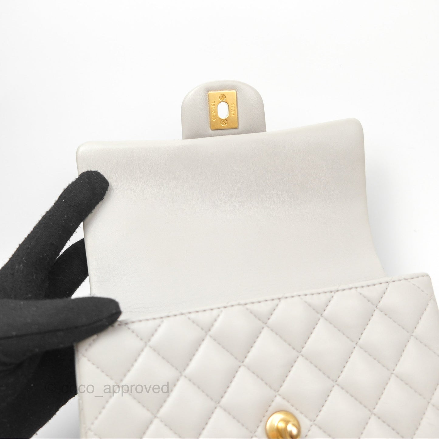 Chanel Top Handle Mini Rectangular Flap Bag Light Grey Lambskin Aged Gold Hardware