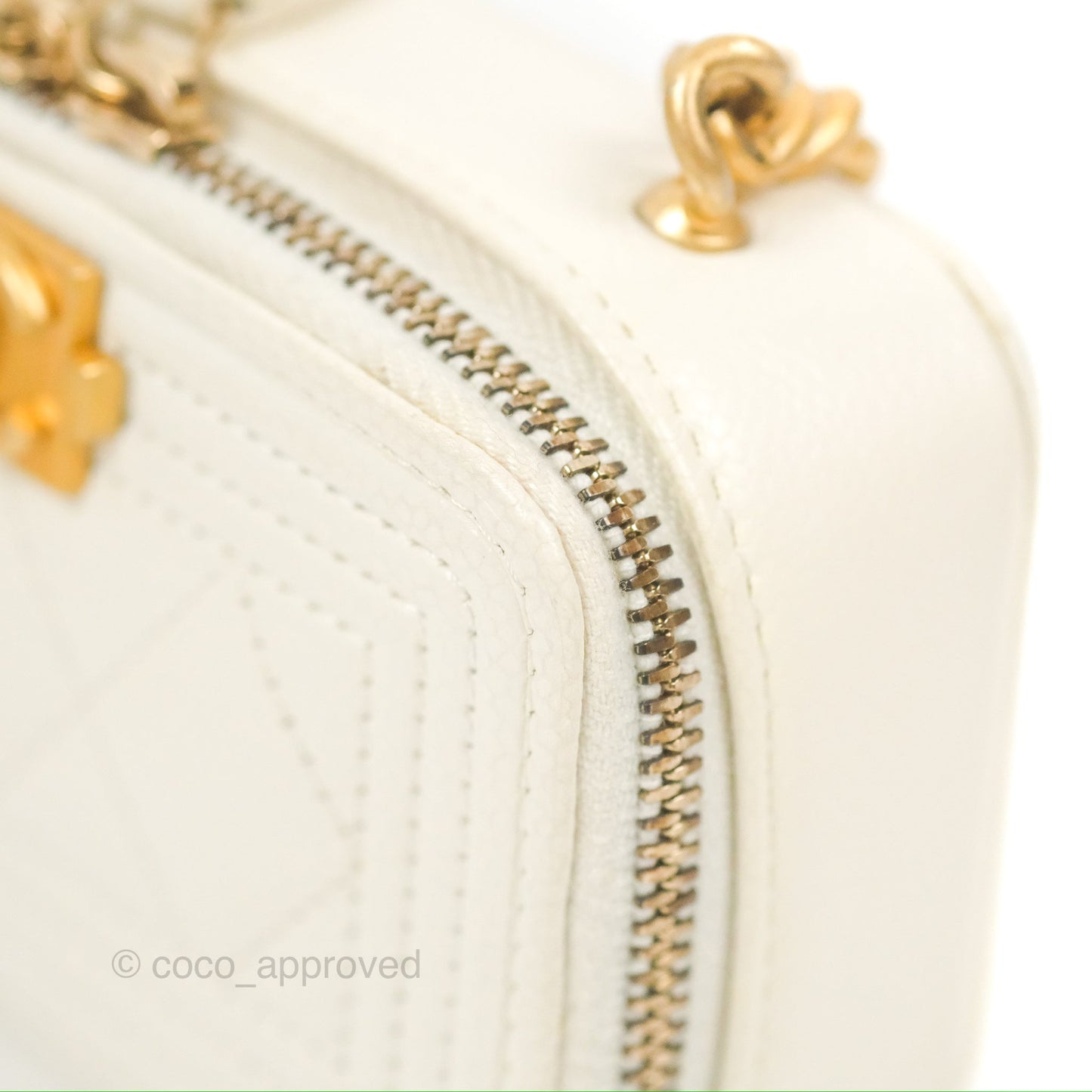 Chanel Mini Boy Clutch with Chain White Caviar Aged Gold Hardware