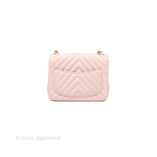 Chanel Mini Square Chevron Pink Calfskin Aged Gold Hardware