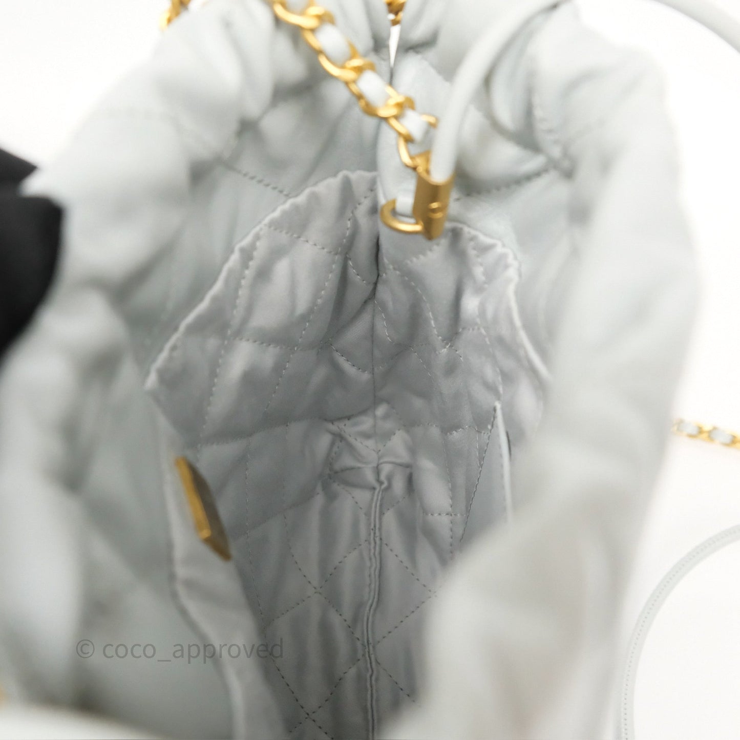 Chanel 22 Mini Bag Light Blue Shiny Crumpled Calfskin Aged Gold Hardware