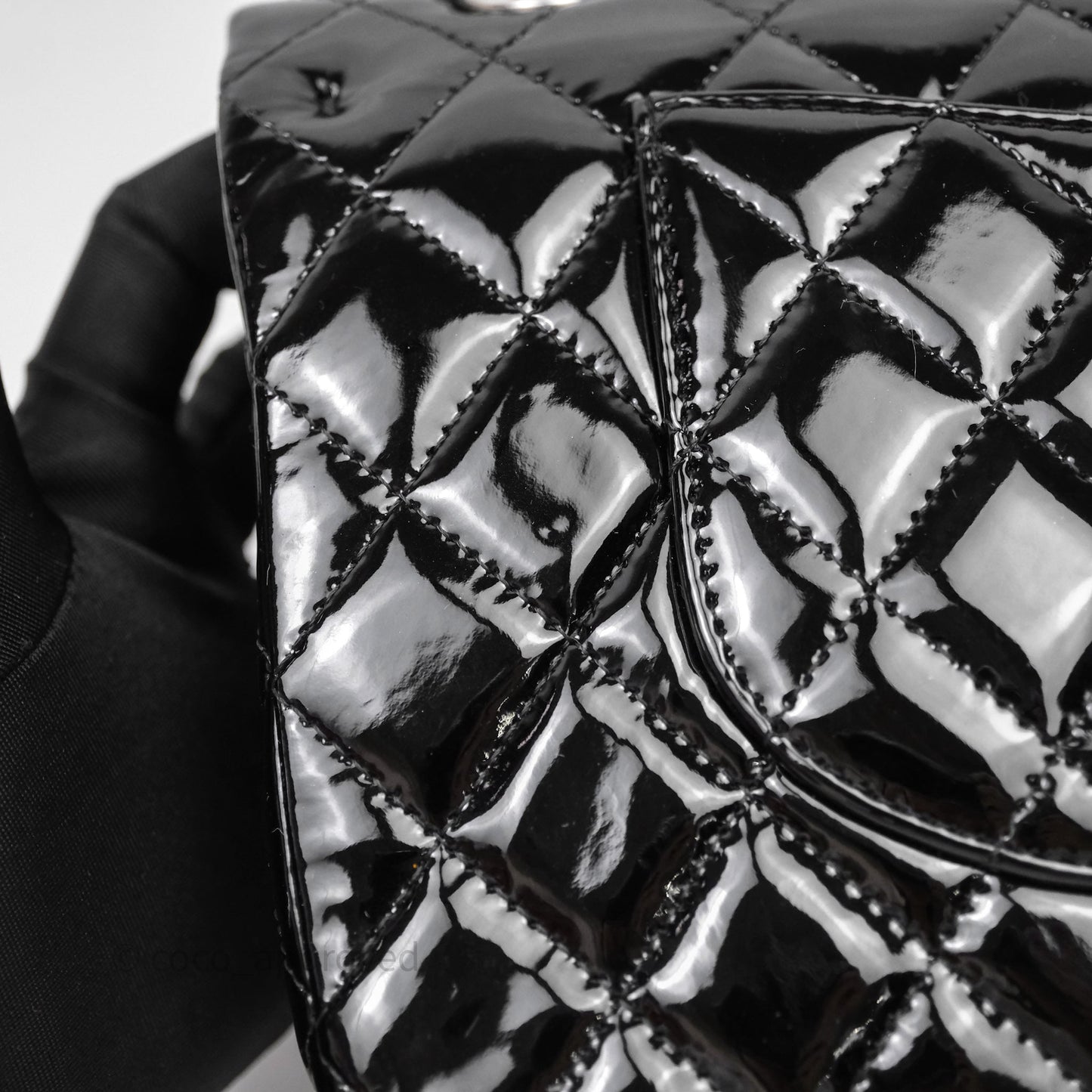 Chanel Medium Classic Flap Quilted Black Patent Silver Hardware