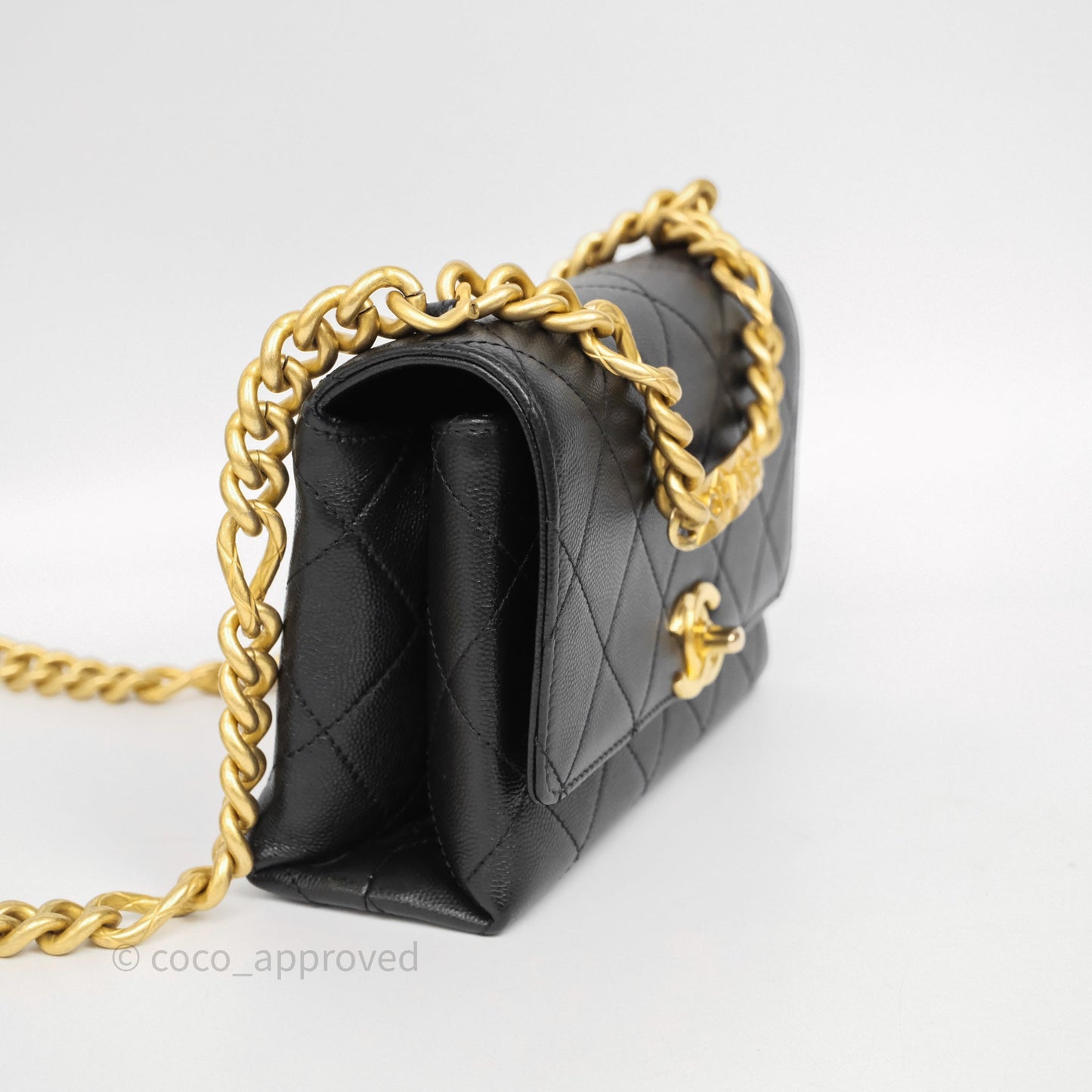Chanel Mini Bracelet On Chain Flap Bag Flat Quilted Black Caviar Aged Gold Hardware