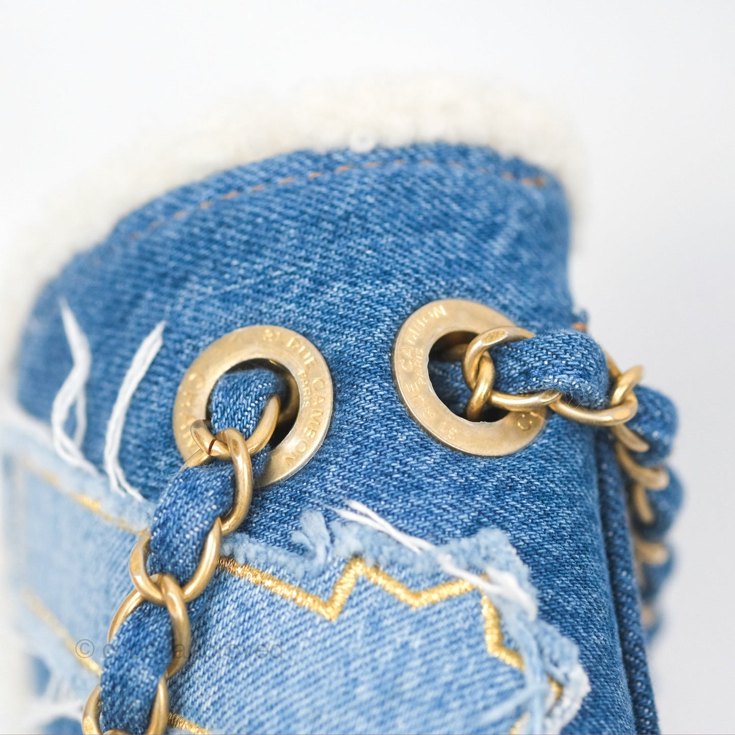 Chanel Medium Denim Shearling Hieroglyph Flap Bag Aged Gold Hardware