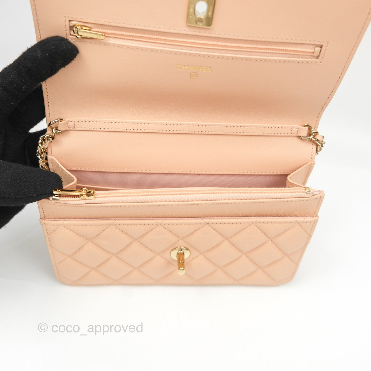 Chanel Quilted Bow Wallet On Chain WOC Light Beige Caviar Gold Hardware
