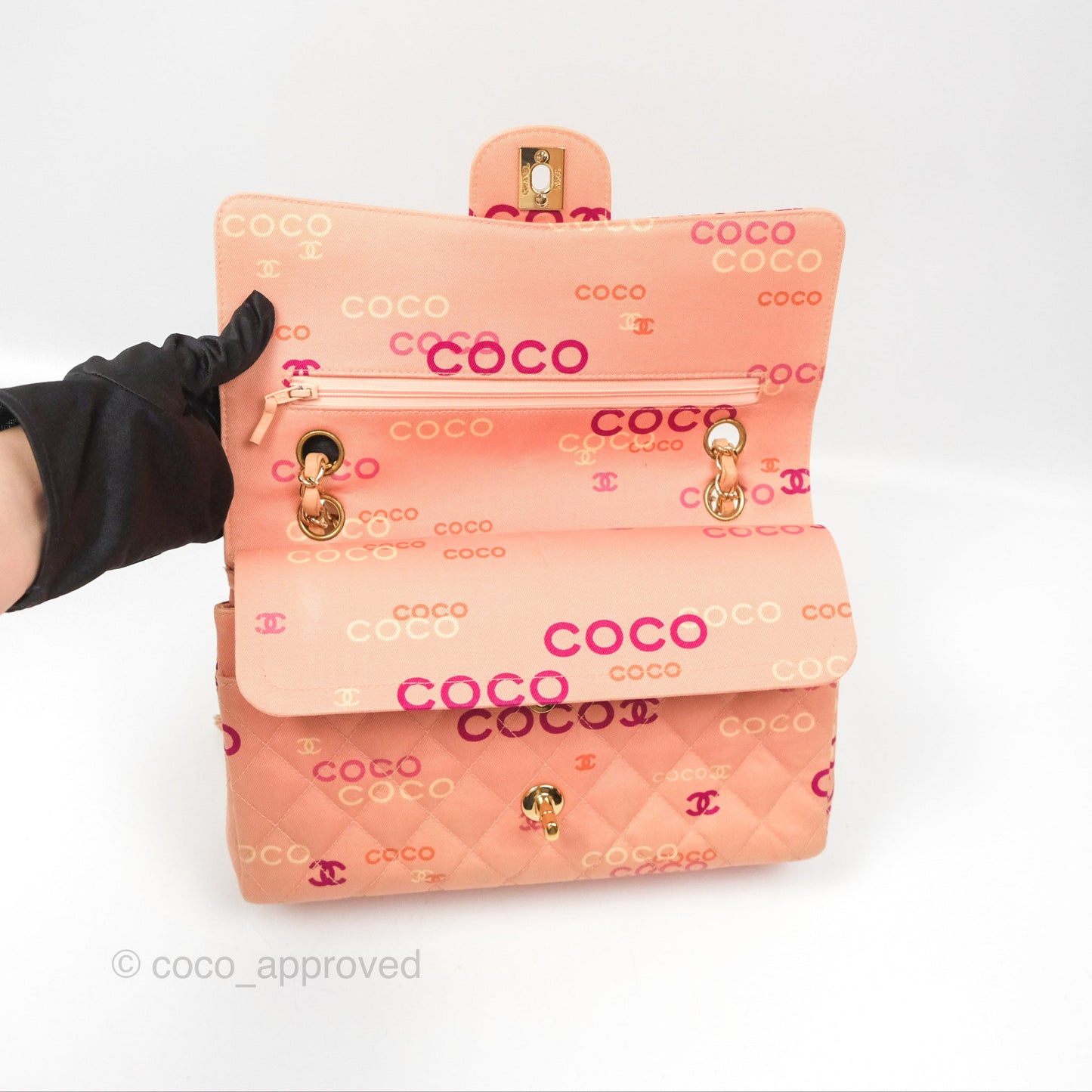 Chanel Coco Logo Medium Classic Flap Quilted Coral Pink Canvas Gold Hardware