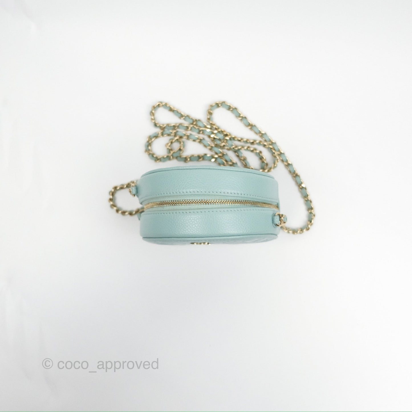 Chanel Camellia Embossed Round Clutch With Chain Light Tiffany Blue Caviar