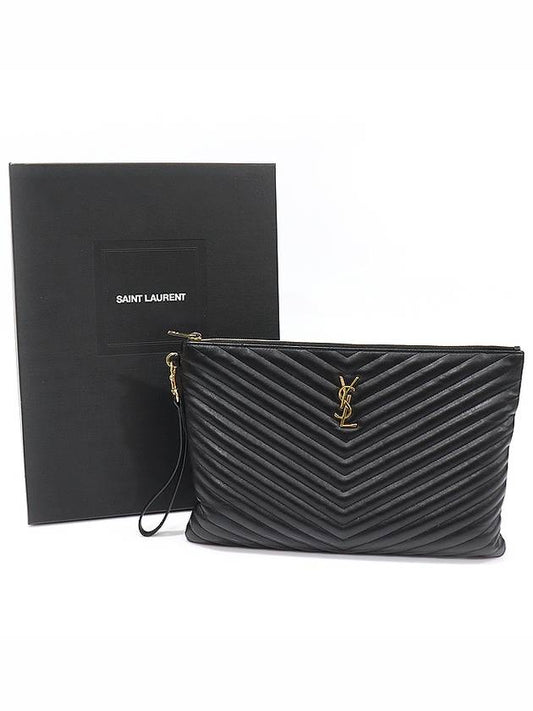 Luxury Saint Laurent 440222 Black Matelasse Monogram Document Holder Strap Clutch
