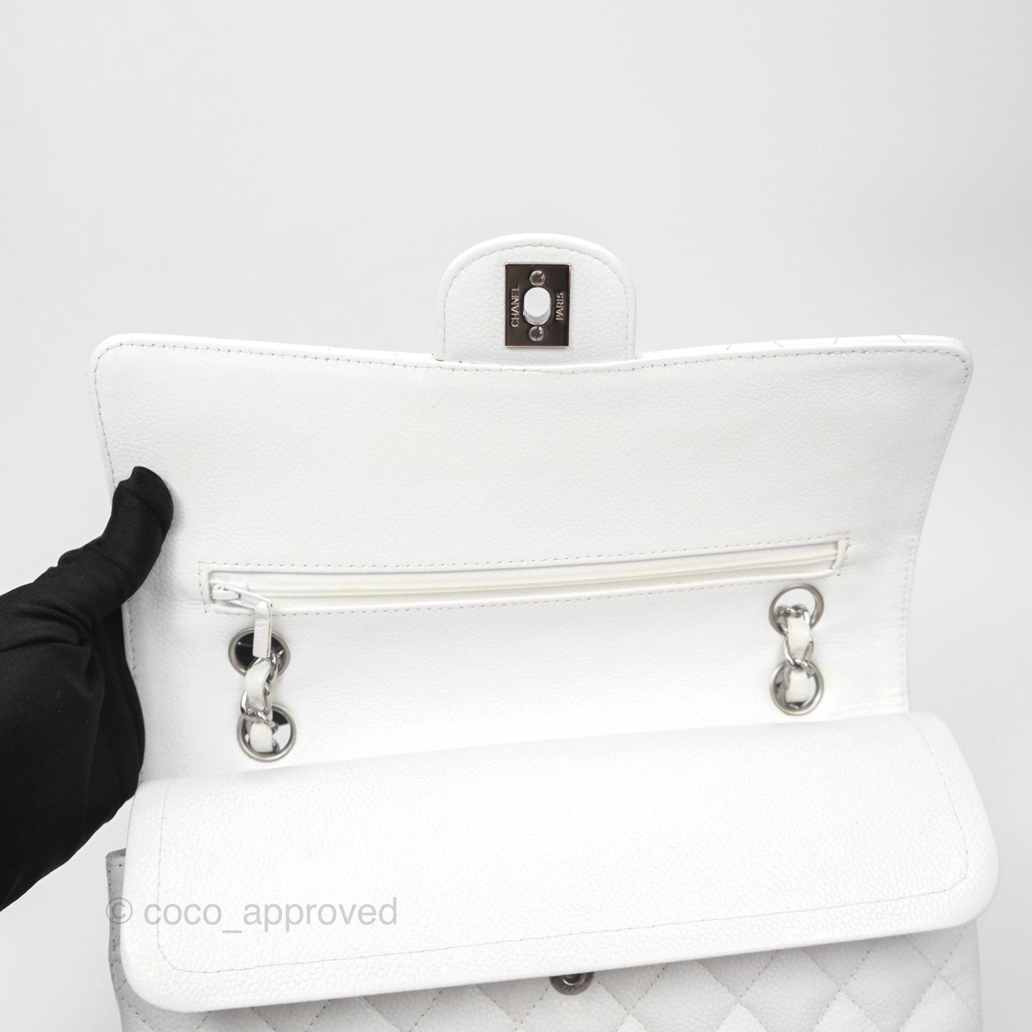 Chanel Classic M/L Medium Double Flap White Caviar Silver Hardware