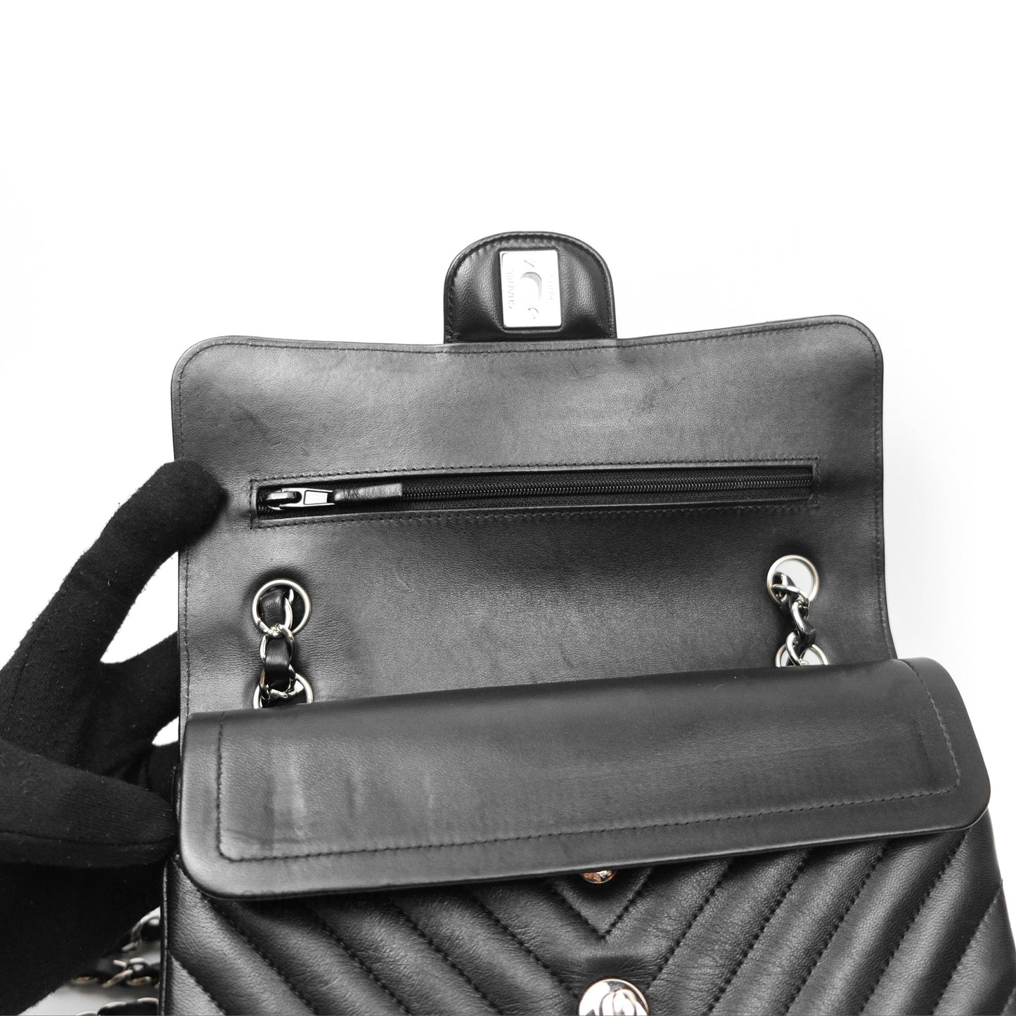 Chanel Small Classic Chevron Flap Black Lambskin Silver Hardware