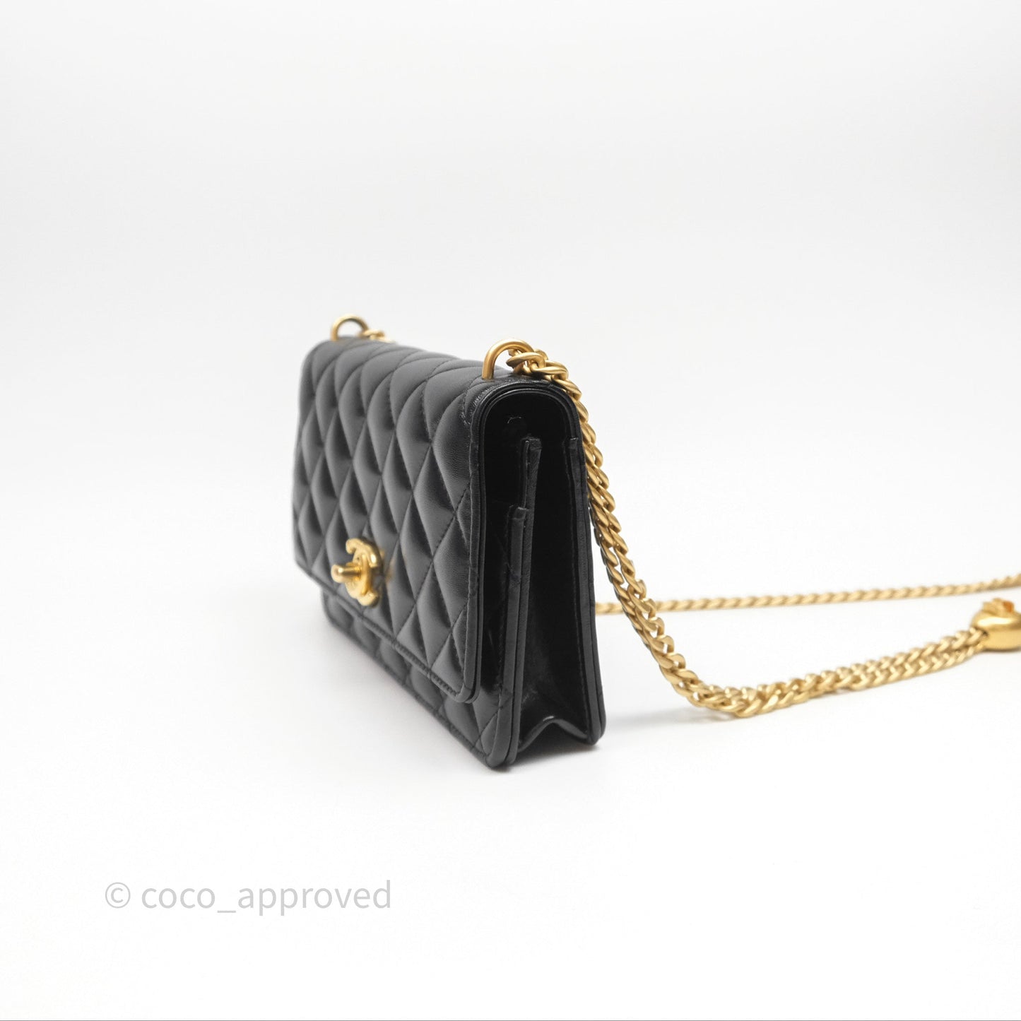 Chanel Heart Adjustable Chain WOC Black Lambskin Aged Gold Hardware 25C