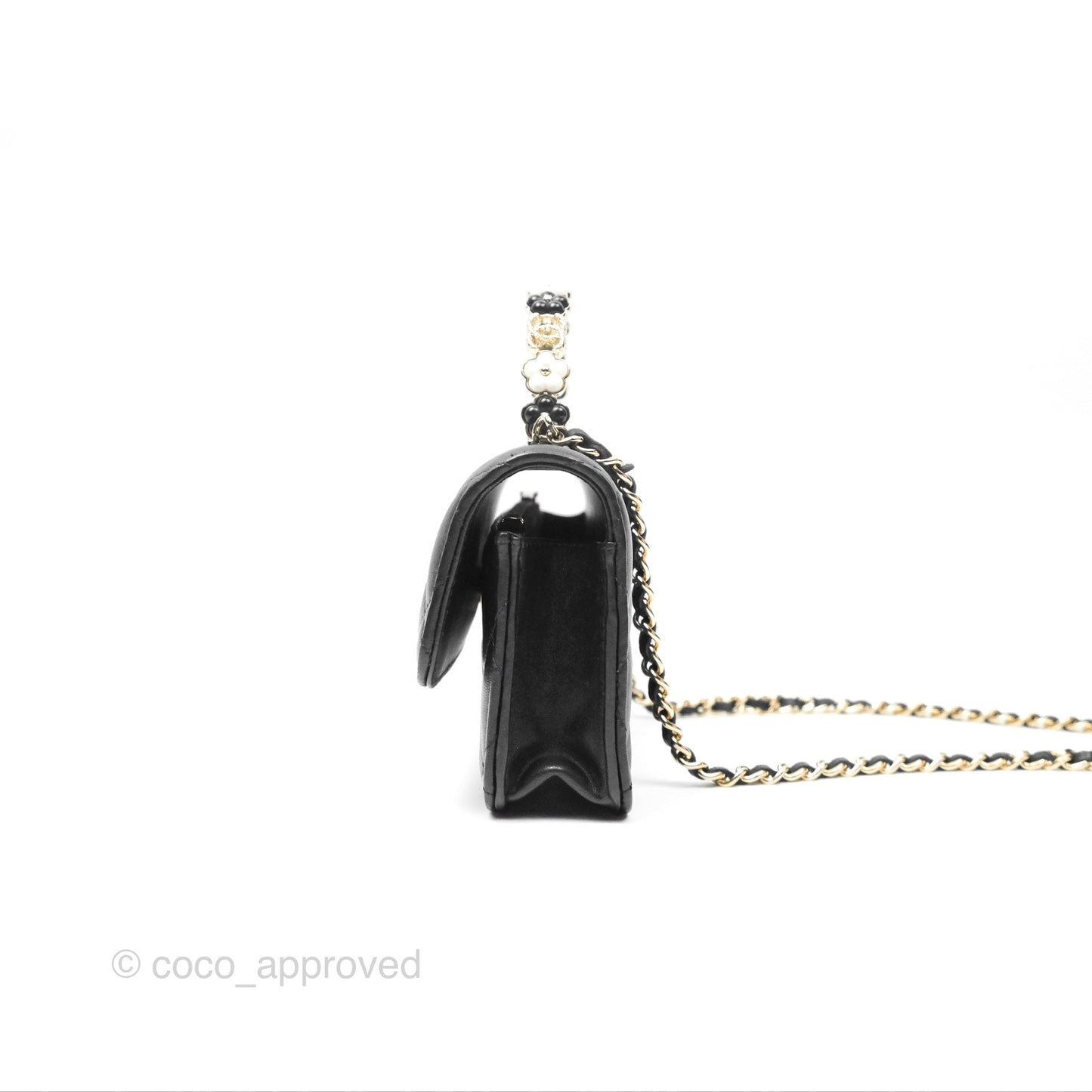 Chanel Camellia Handle Mini WOC Phone Holder with Chain Black Lambskin 23K