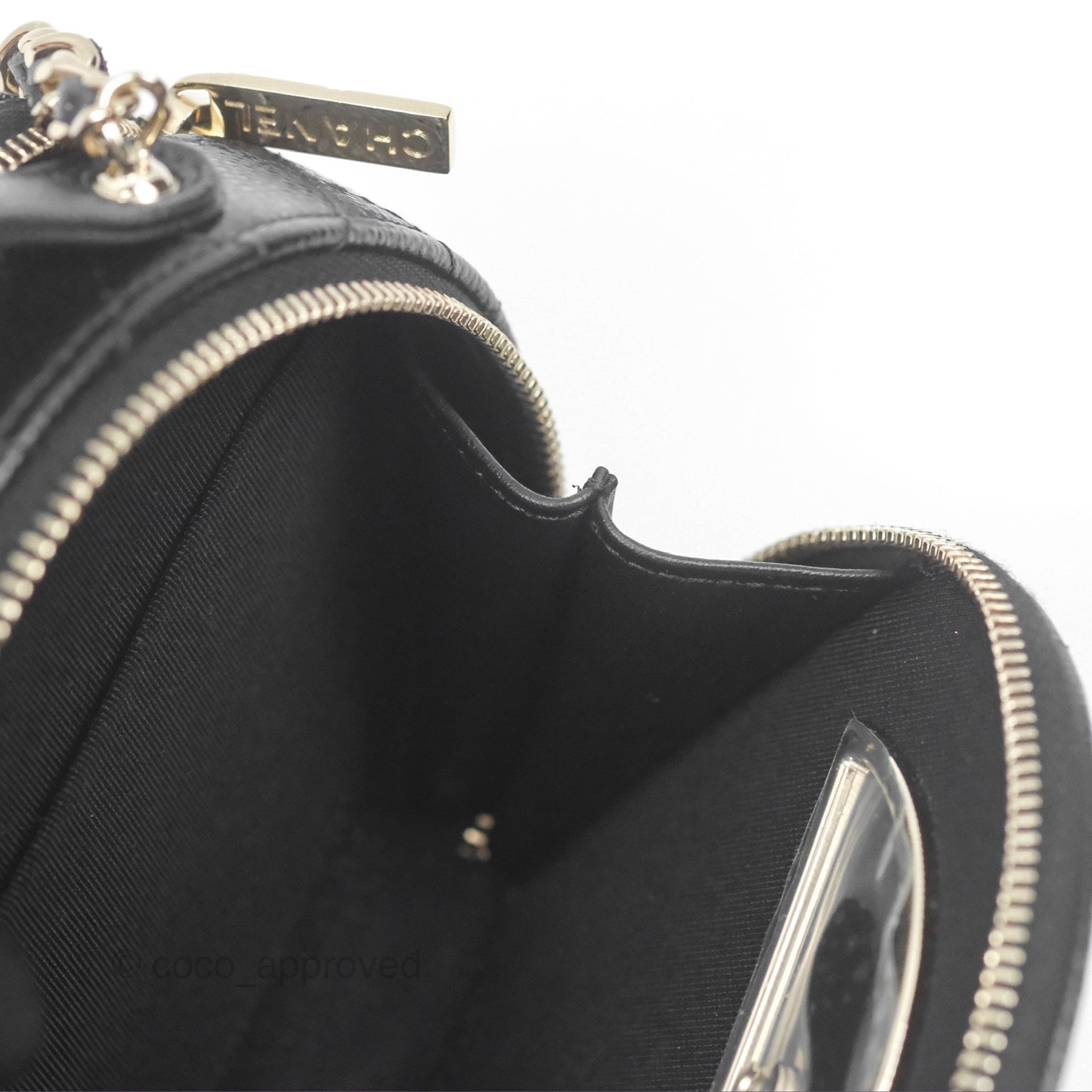 Chanel Mini Round Vanity Bag Handle With Care Black Caviar Gold Hardware