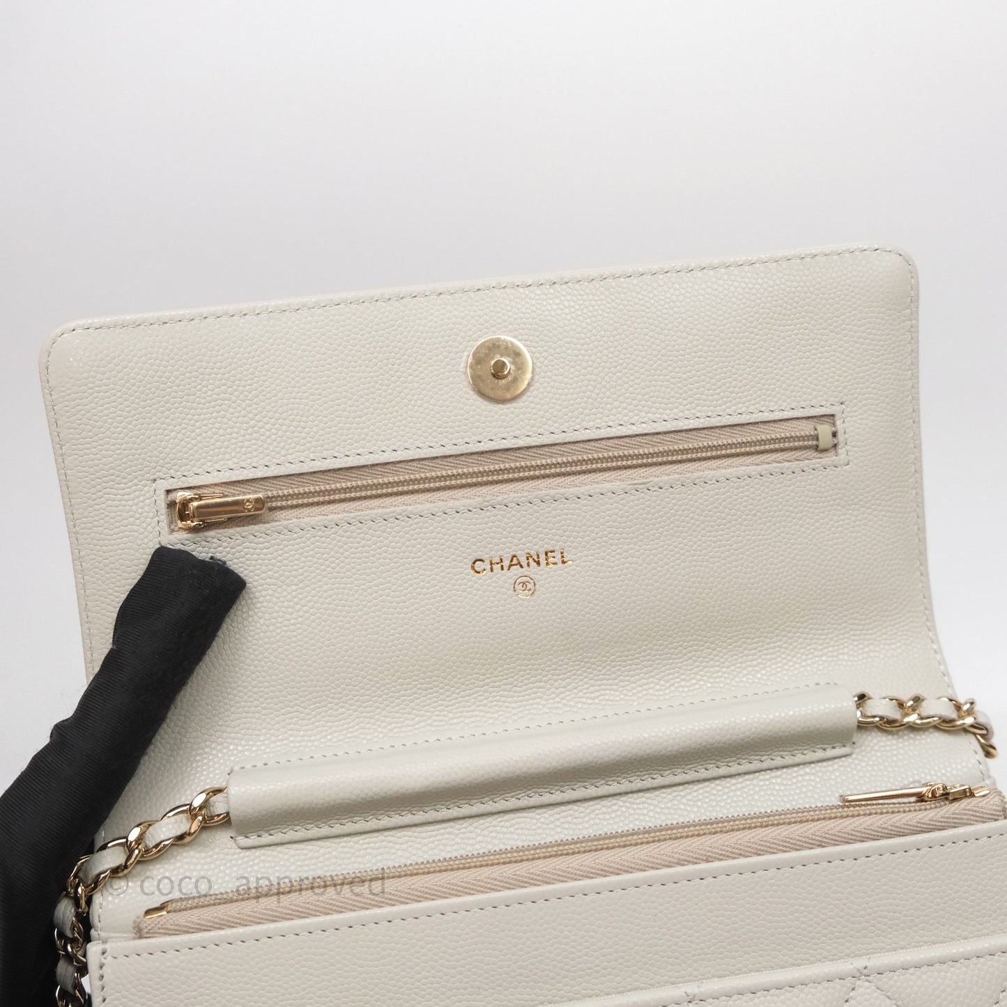 Chanel Quilted Wallet on Chain WOC Light Grey Caviar Gold Hardware 24S