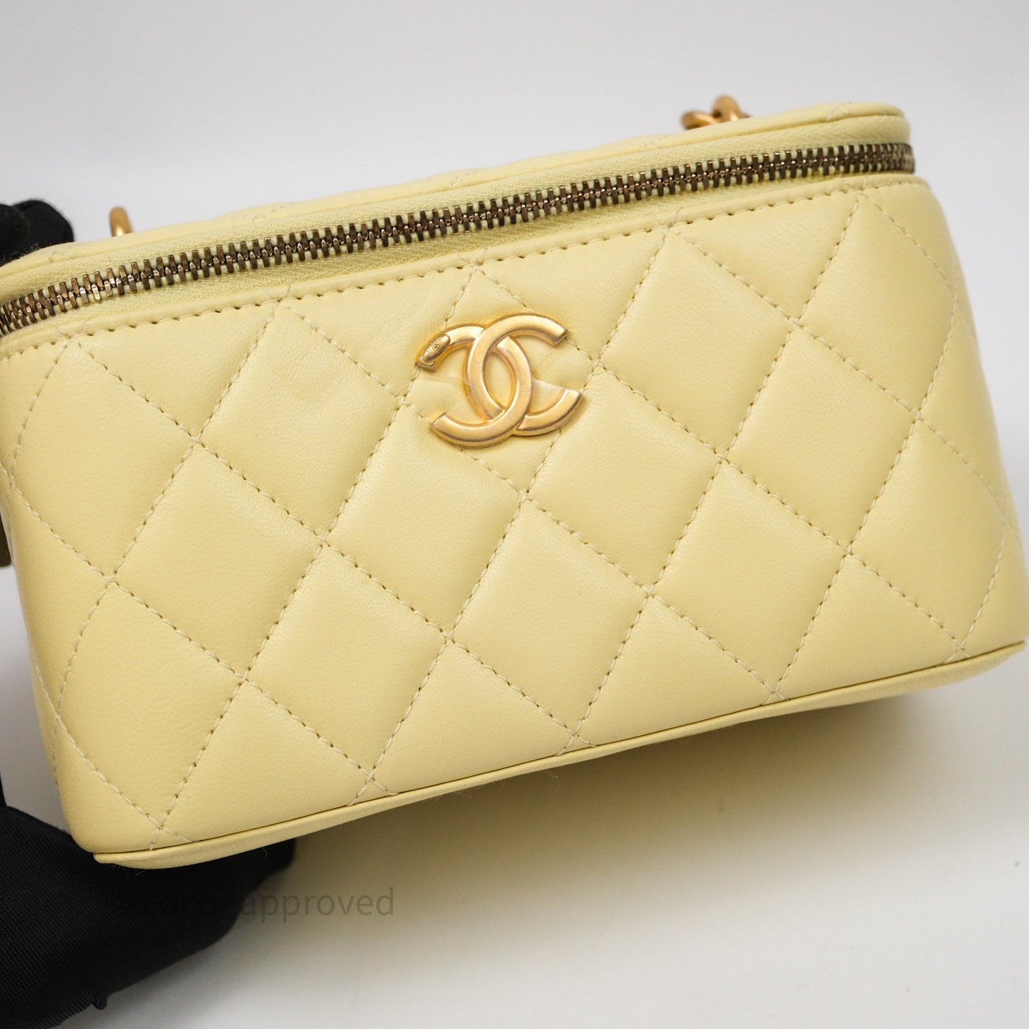 Chanel Quilted Vanity Rectangular with Camellia Adjustable Chain Yellow Lambskin