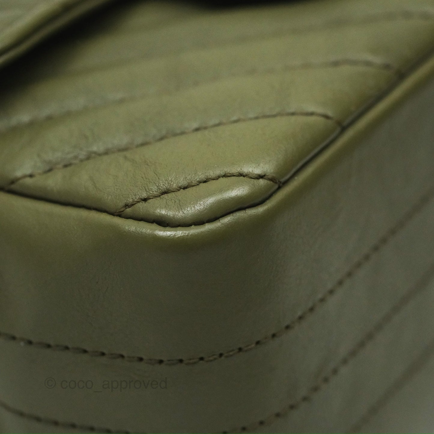 Chanel Mini Square Flap Chevron Olive Green Calfskin Gold Hardware