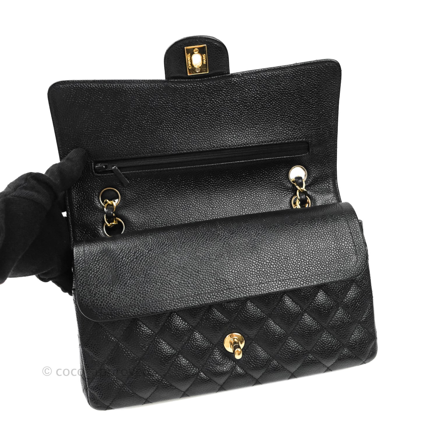 Chanel Quilted M/L Medium Double Flap Black Caviar Gold Hardware