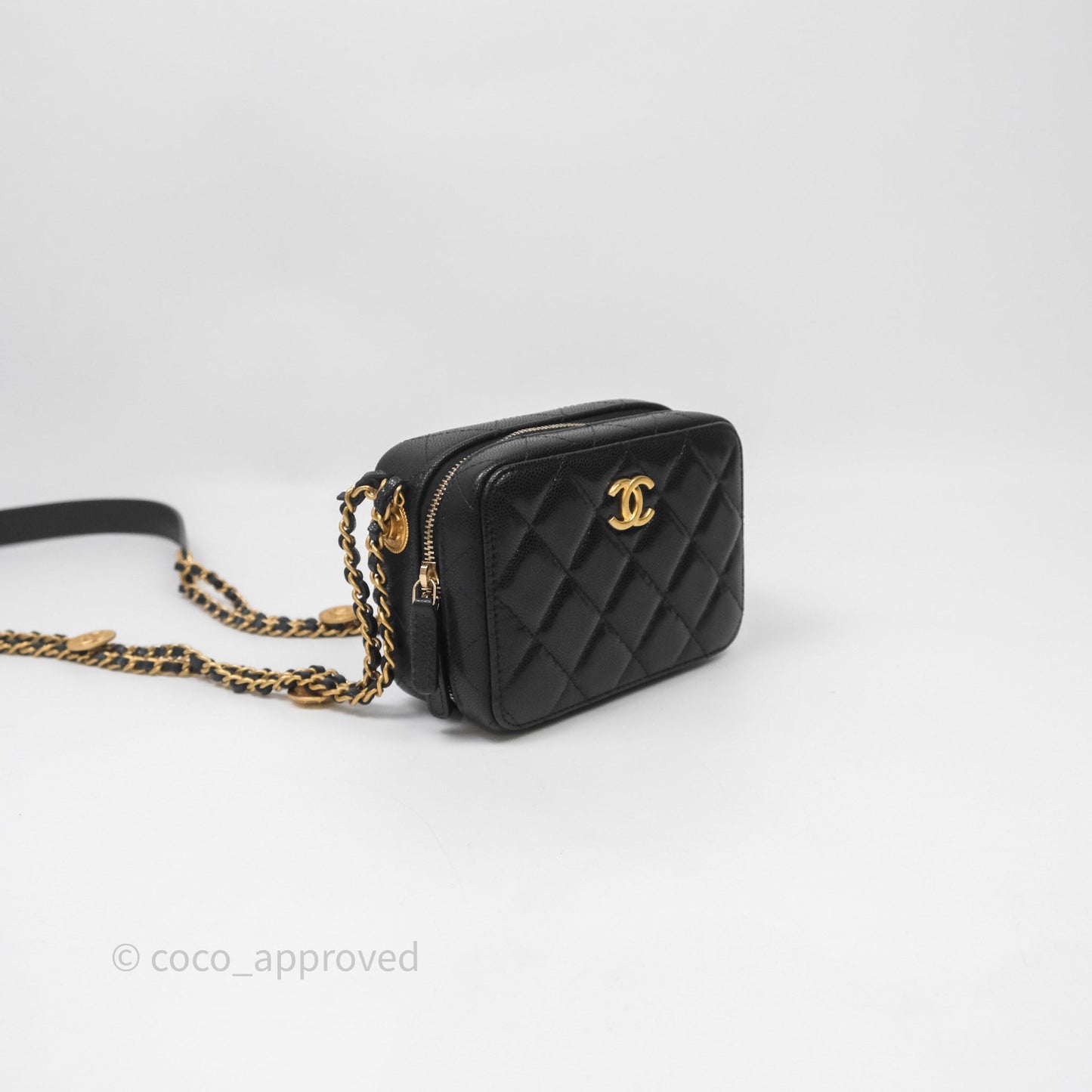 Chanel Quilted CC Coins Purse Chain Camera Case Black Caviar Aged Gold Hardware